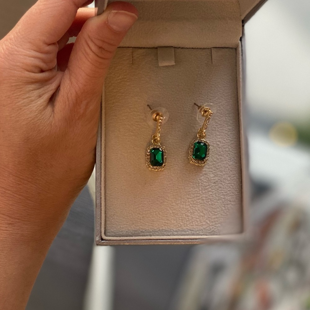 Gold and Green Gemstone Drop Earrings - Picture 2 of 6